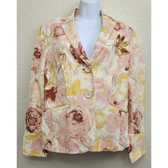 Ann Taylor Pink Yellow Brown Floral Lined Blazer 12 Shoulder Pads Pockets Soft - Picture 1 of 7